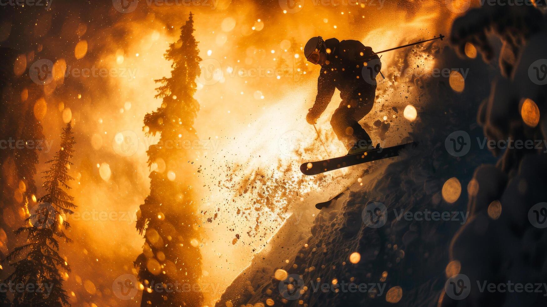 A skier is captured mid air while jumping off a snowy slope, surrounded by a breathtaking sunset. Glowing lights and snowflakes create a magical atmosphere. photo