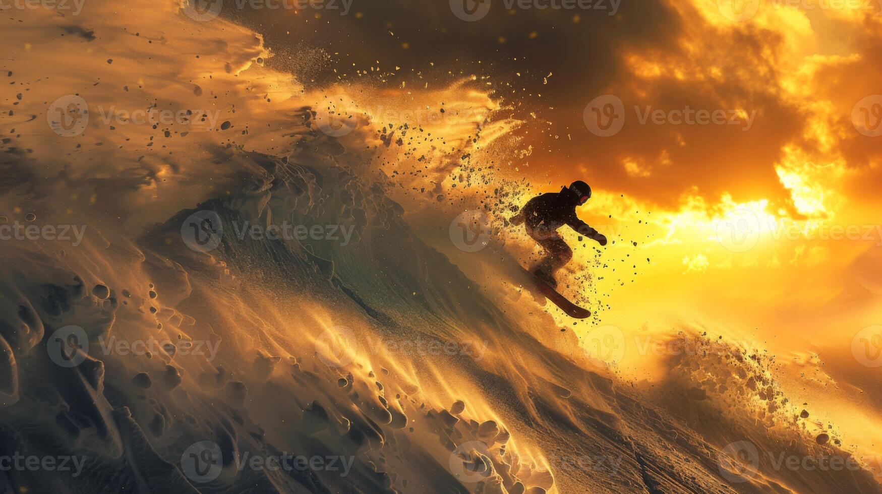 A lone surfer skillfully navigates a large wave as the sun sets, casting vibrant golden light across the ocean, creating a breathtaking coastal view. photo