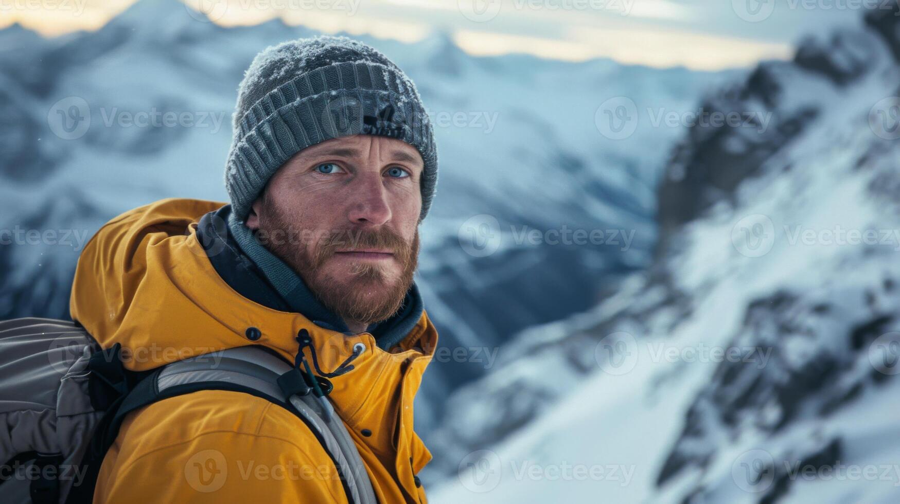 Man wearing a warm yellow jacket and gray hat stands on a snowy mountain, gazing into the distance as the sun sets, highlighting the rugged terrain. photo