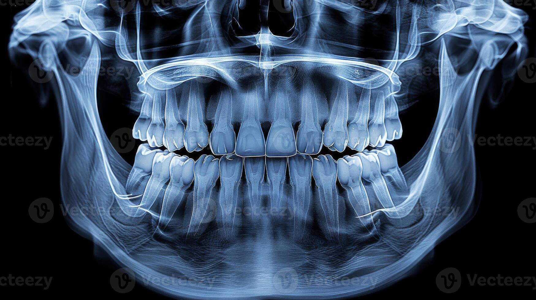 A clear x ray showing the intricate details of a human skull and jaw. This serves as a valuable resource for dental professionals and students in understanding oral anatomy. photo