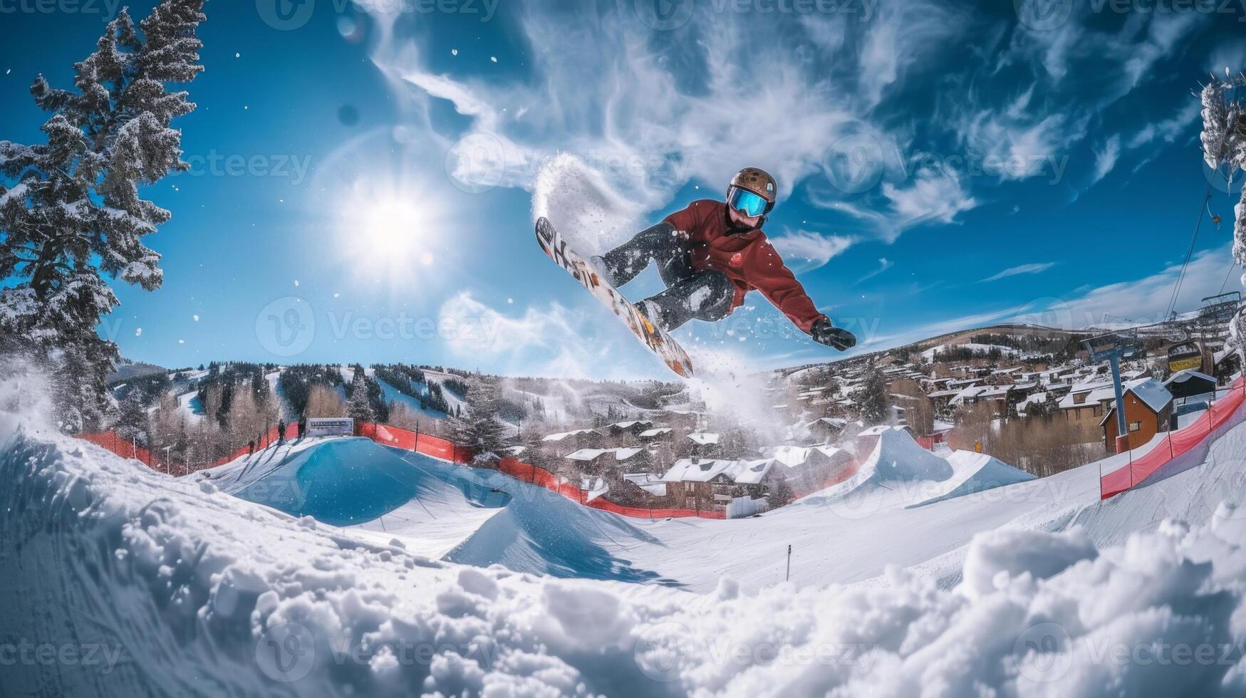 A snowboarder in a red jacket soars through the air above a snowy slope, with the sun shining bright amidst clear blue skies at a winter resort. photo