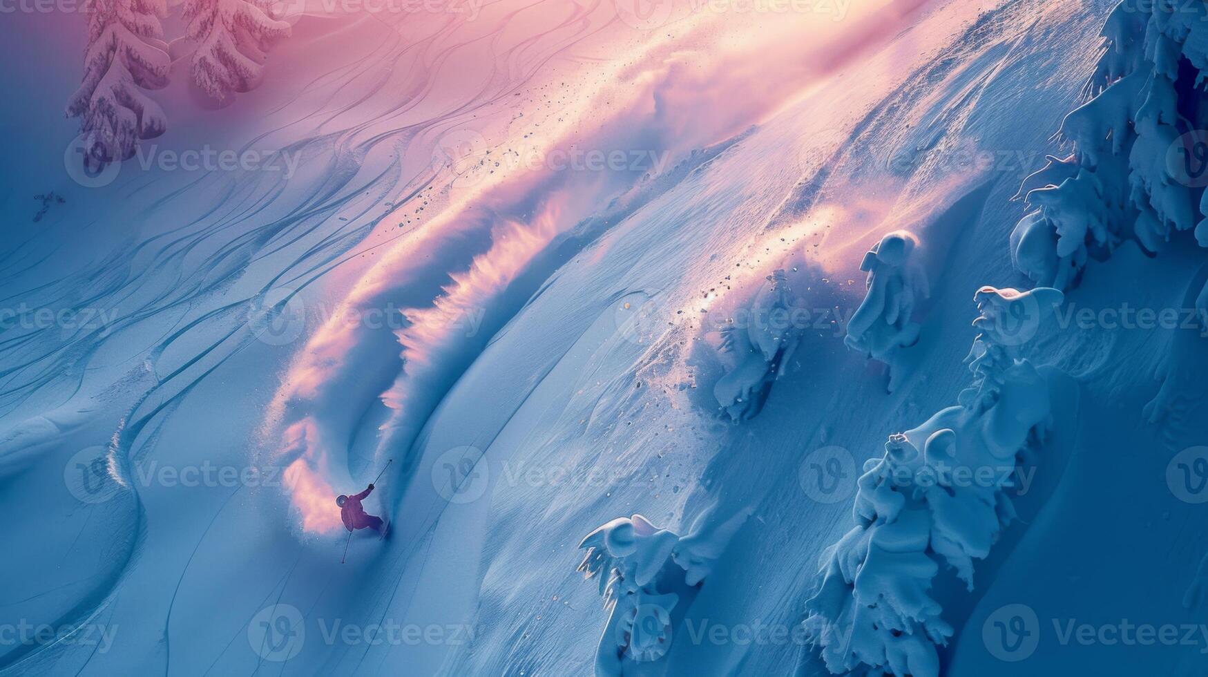 A snowboarder skillfully navigates freshly fallen snow on a mountain slope, surrounded by tall trees, as the sun sets and casts a warm glow over the scene. photo