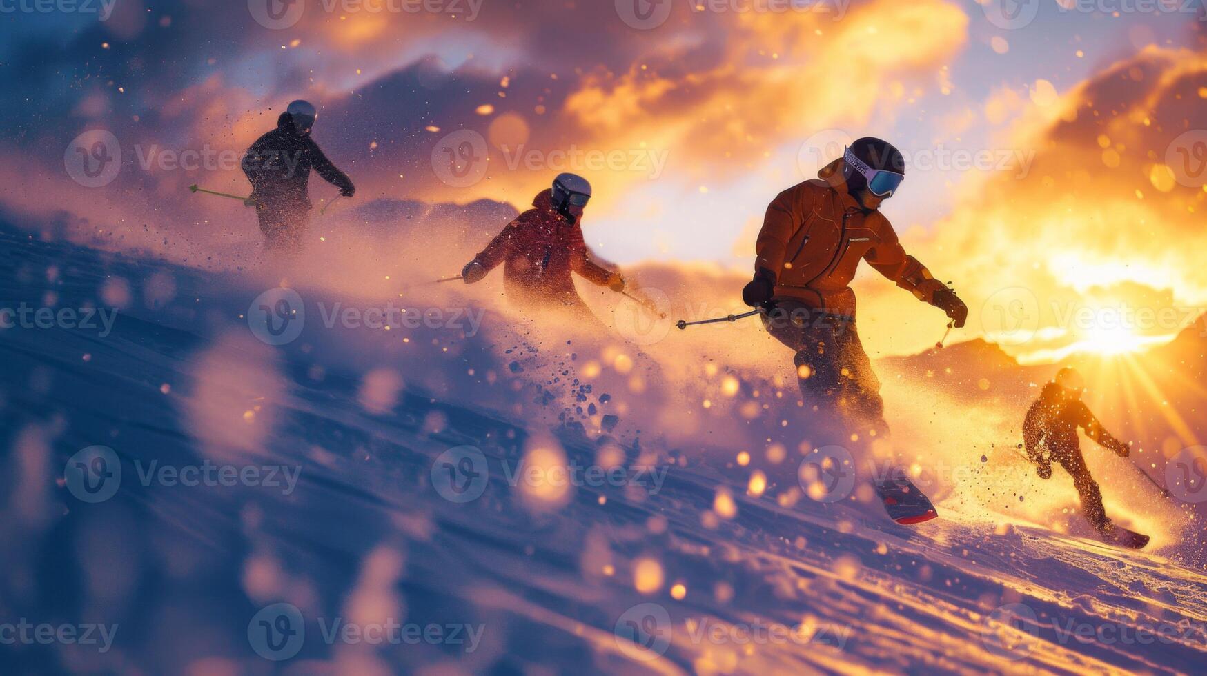 Skiers enjoy an exhilarating descent down a snowy slope as the sun sets, casting a warm glow over the stunning mountain scenery in the background. photo