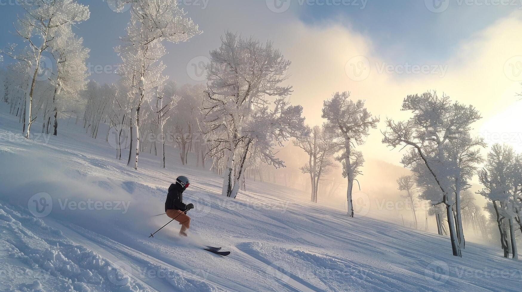 Frost covered trees stand tall as a skier carves through untouched powder snow, showcasing skill and grace against a backdrop of a bright, cloudy sky. photo