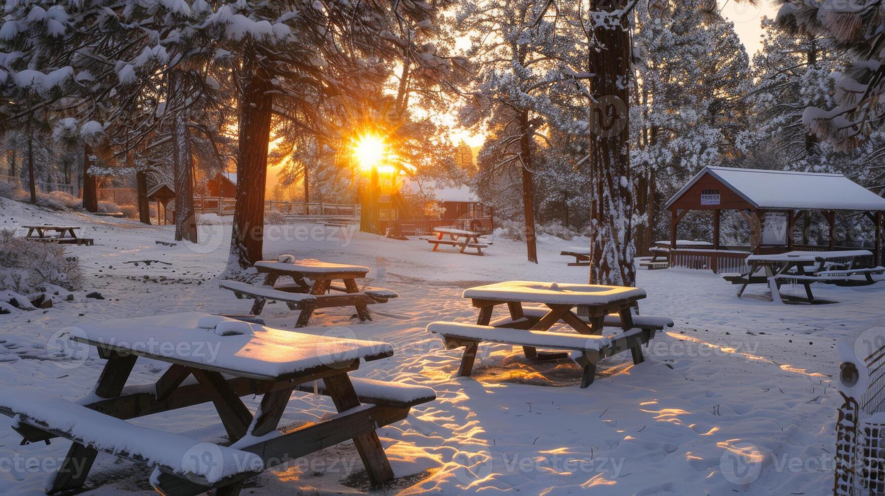 A peaceful picnic area is blanketed in fresh snow. Wooden tables sit quietly as the sun rises, casting golden light through the trees in a tranquil outdoor environment. photo
