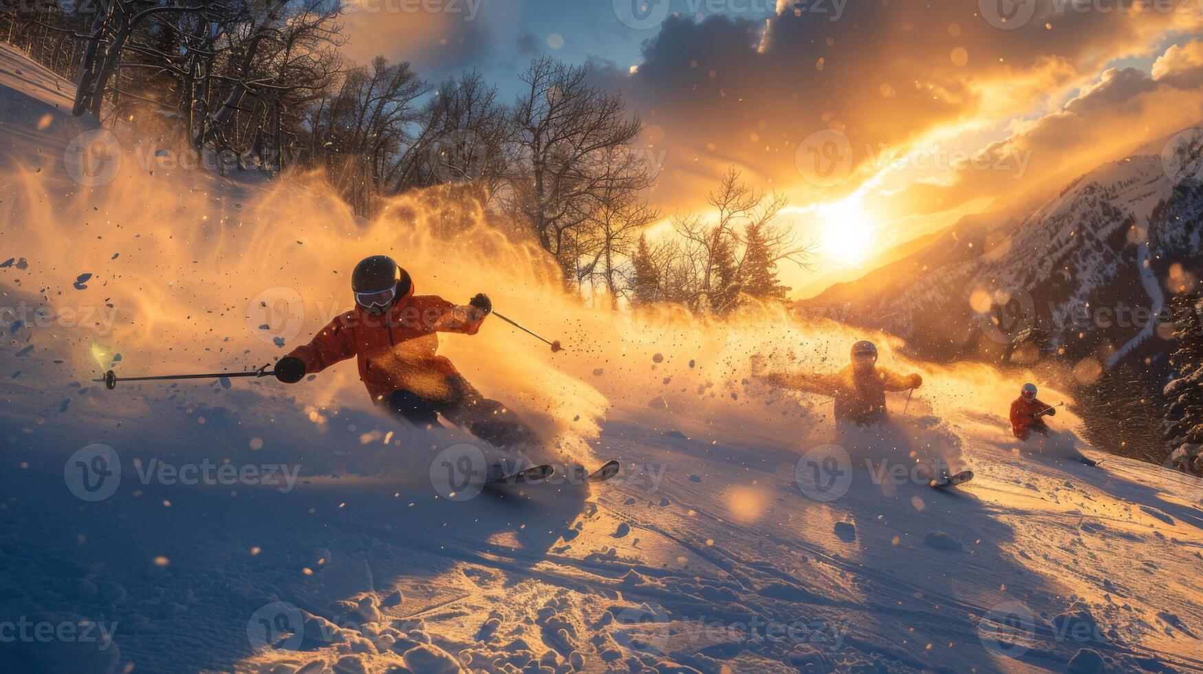 Three skiers navigate fresh powder on a downhill slope during sunset, surrounded by trees and a stunning mountain backdrop, capturing the essence of winter sports. photo