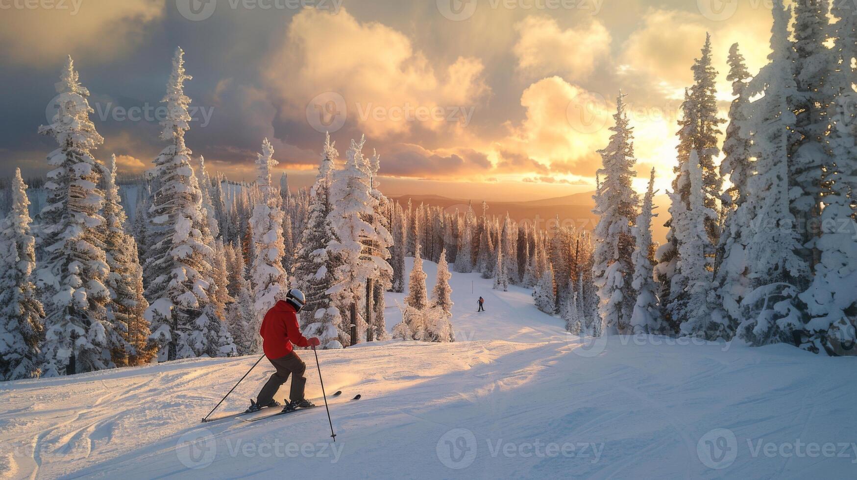 A skier glides down a snow covered slope surrounded by tall pine trees as the sun sets in a vibrant display of colors. The sky is painted with hues of orange and purple, creating a serene atmosphere. photo