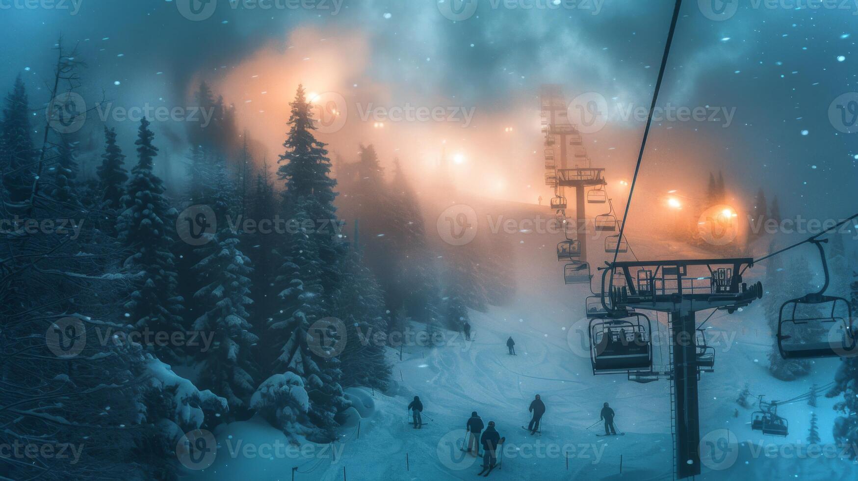 Skiers navigate through fresh powder as twilight approaches at a ski resort, surrounded by tall pine trees and illuminated by glowing lift lights in a winter wonderland. photo
