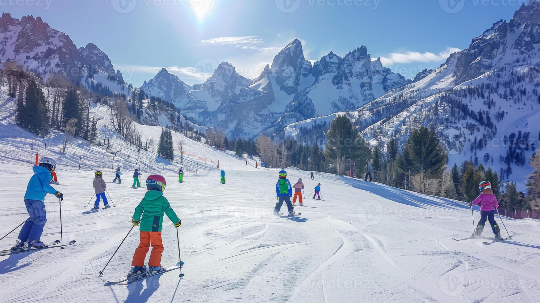 Groups of skiers enjoy a day on the slopes, surrounded by stunning mountain views and clear skies, creating a lively atmosphere in the winter wonderland photo