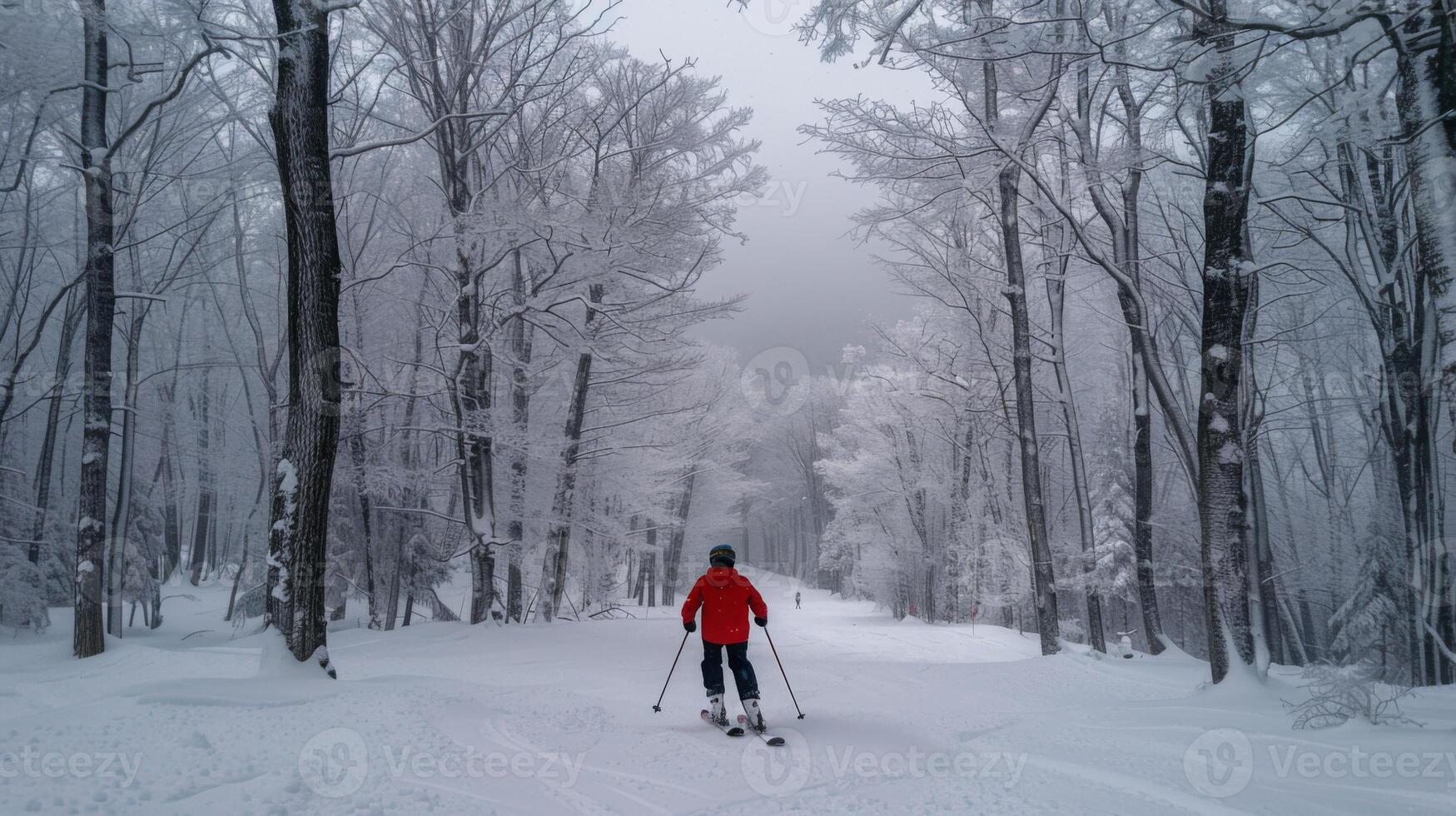 A skier dressed in a bright red jacket glides gracefully along a narrow, snowy trail surrounded by tall, frosted trees on a misty winter day. photo