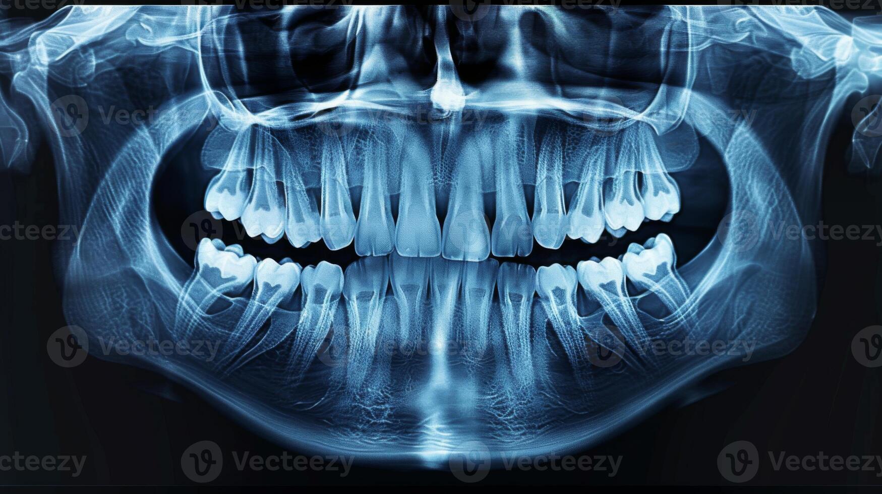 X ray displays the complete arrangement of upper and lower teeth, highlighting potential cavities, misalignments, and dental health concerns in a clinical environment during examination. photo