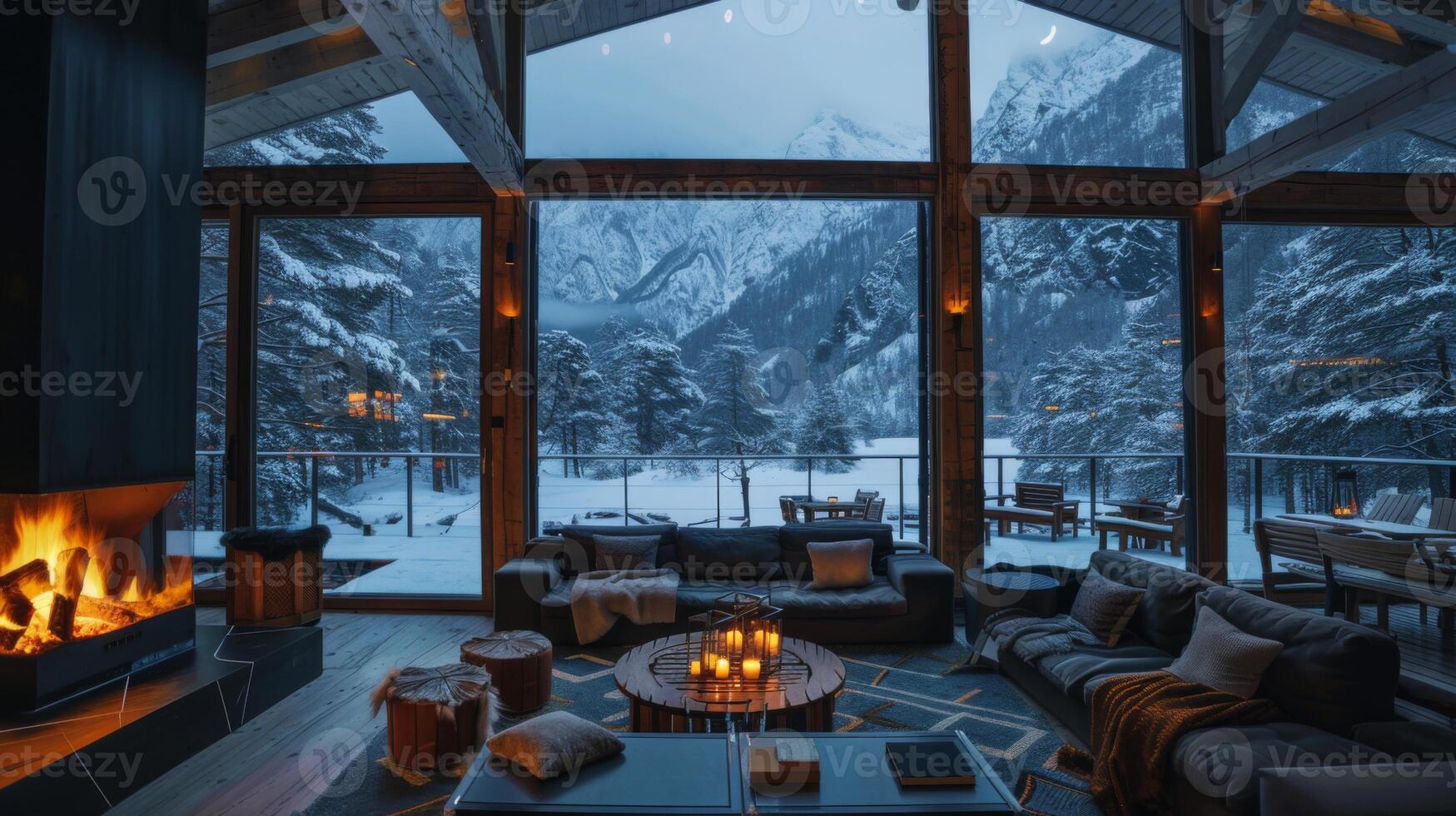 Warm glow from the fireplace contrasts with the snowy scenery outside, creating a serene atmosphere in a mountain lodge surrounded by towering trees and peaks at dusk. photo
