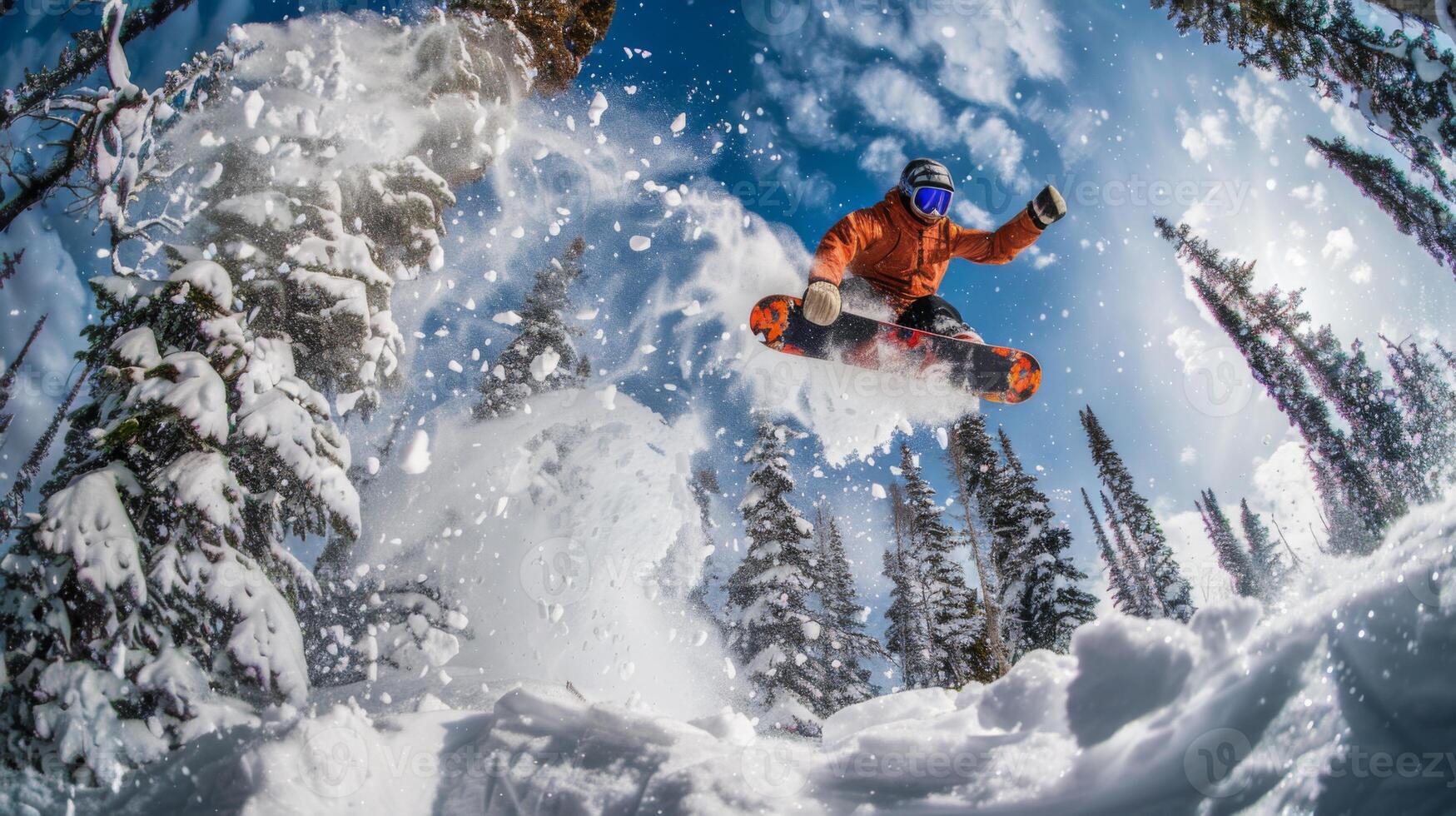 A snowboarder in an orange jacket catches air while jumping off a snowbank surrounded by tall evergreen trees under a clear blue sky, showcasing an exciting winter activity. photo