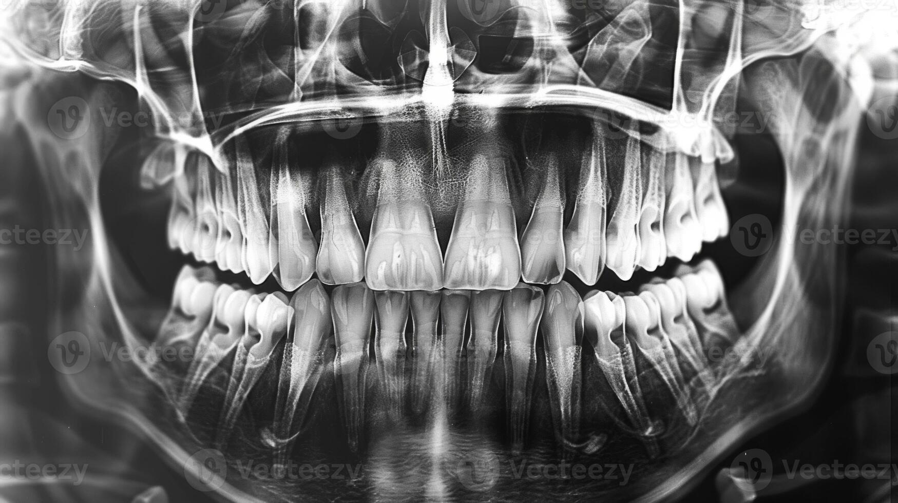 A detailed dental x ray displays the arrangement of teeth and jaw structure, allowing for assessment of dental health and identification of potential issues in a medical setting. photo
