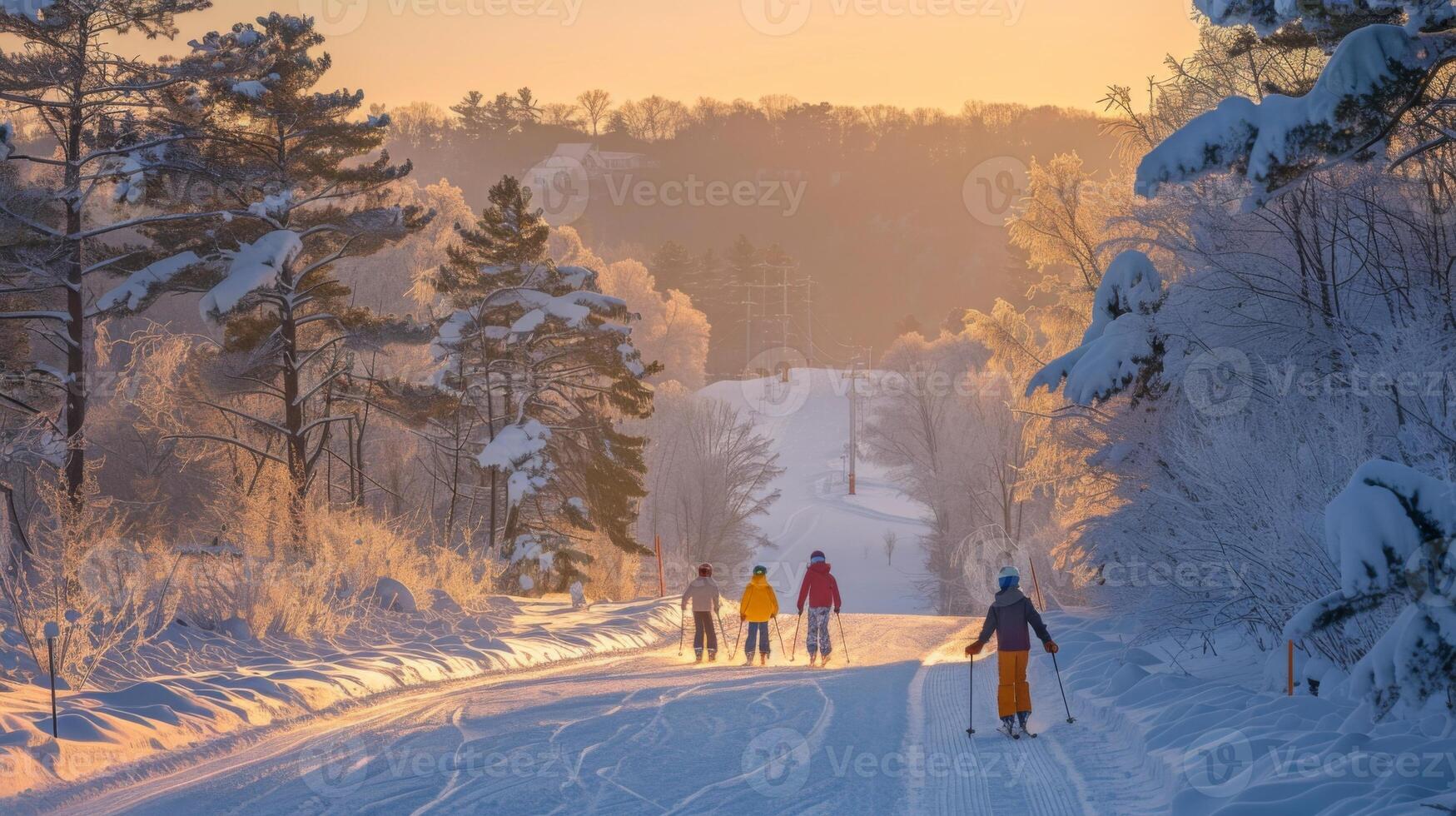 Groups of hikers traverse a snowy pathway lined with frosted trees, with a warm sunset painting the sky in soft hues, creating a serene winter atmosphere. photo
