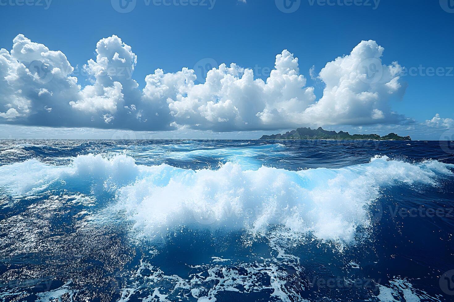 Dramatic Ocean Waves Against a Cloudy Sky with Distant Island photo