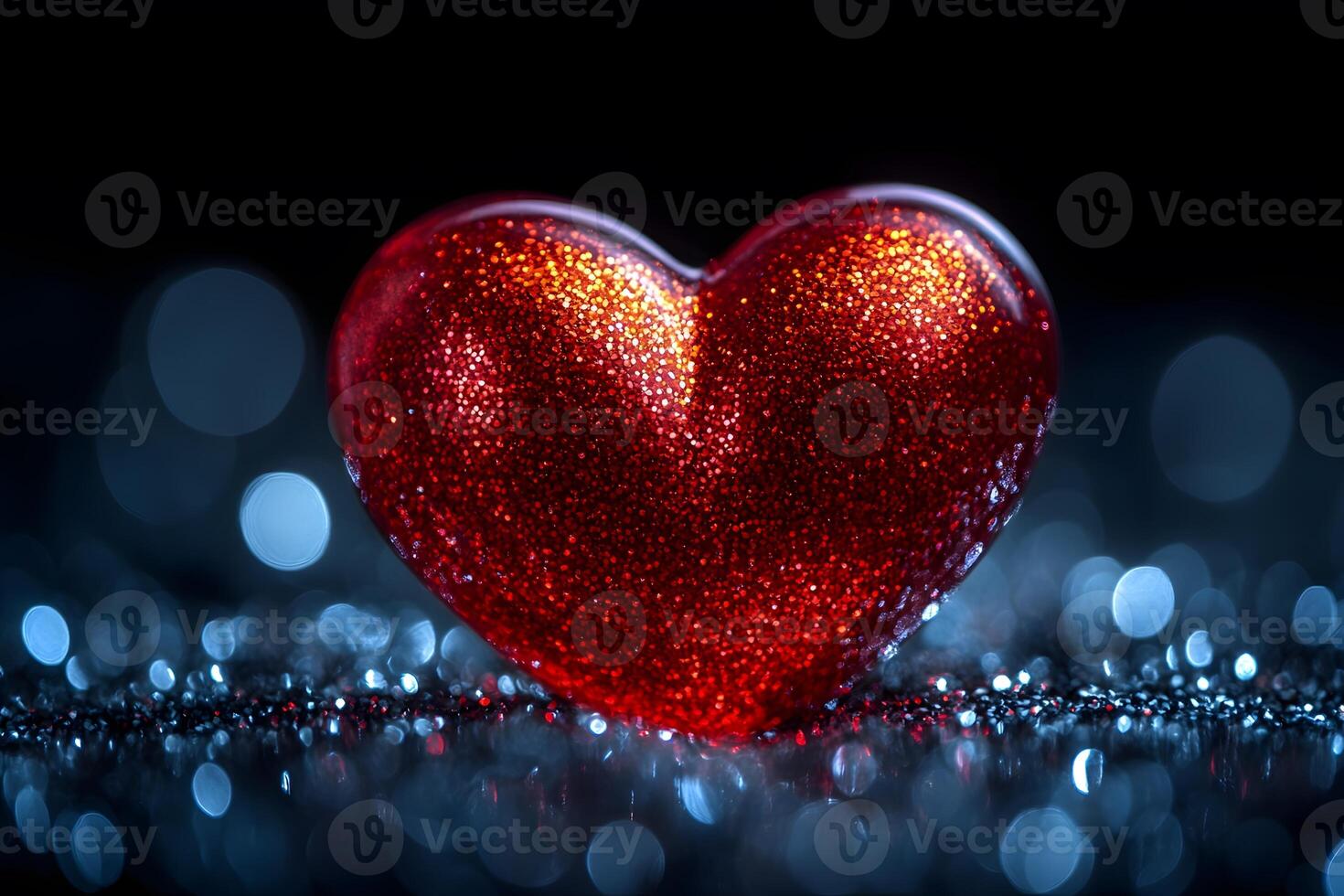 Glittering Red Heart with Blue Bokeh for Valentine's Day and Romantic Designs photo