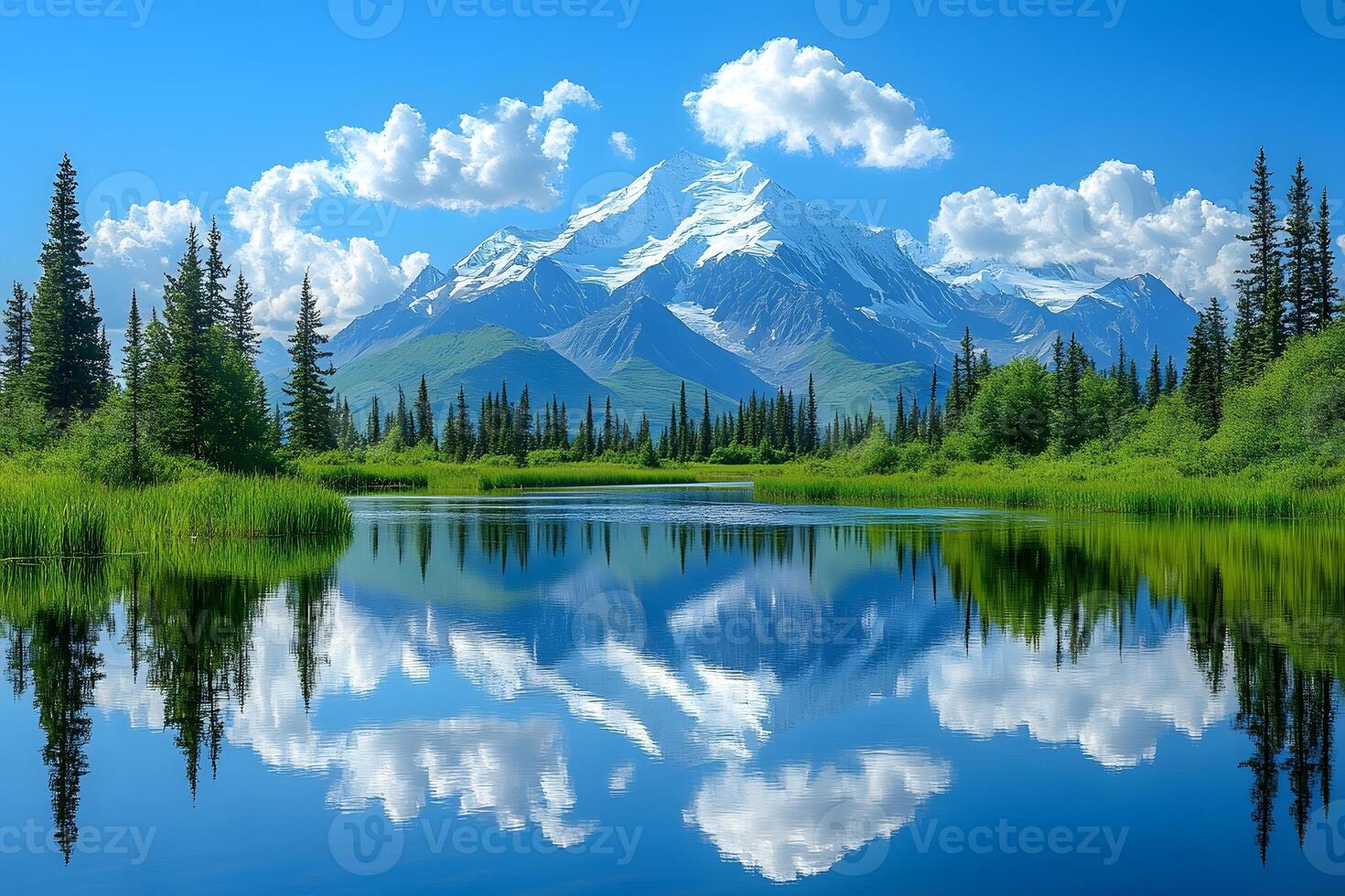 Stunning Mountain Reflection in Pristine Alpine Lake Under Clear Blue Sky photo