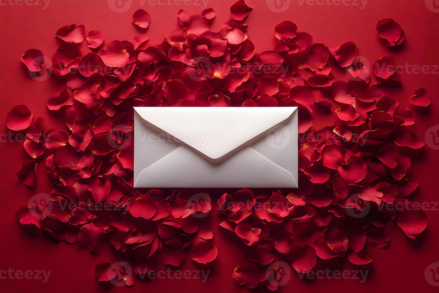 Romantic Envelope Amidst Red Rose Petals for Valentine's Day Greetings and Invitations photo