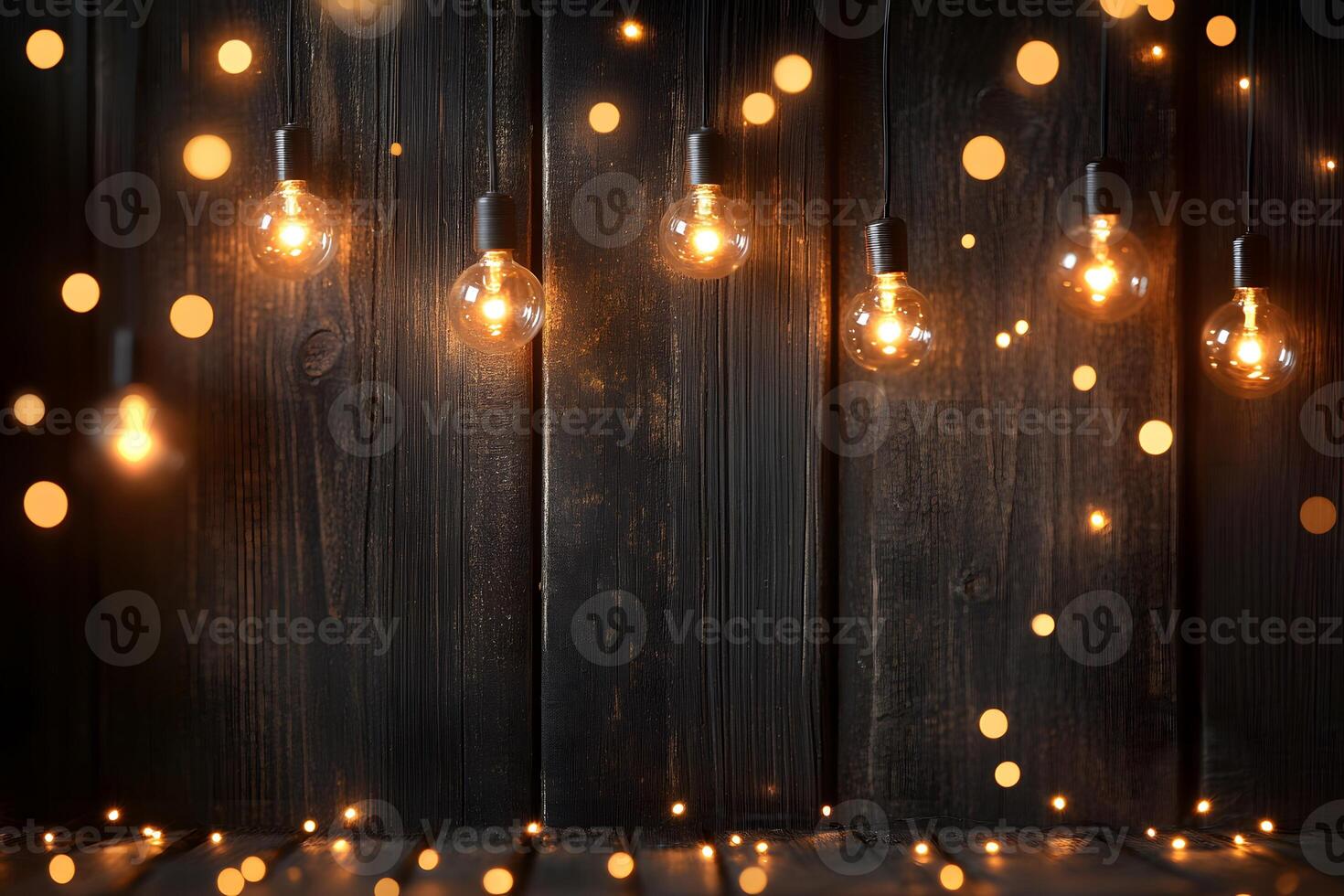 Rustic Festive String Lights on Wooden Background for Holiday Decor and Design photo