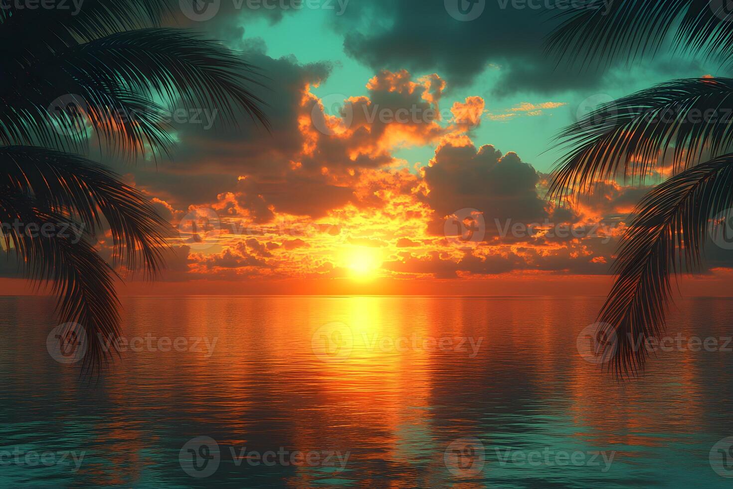 Tropical Sunset Over Ocean with Vibrant Sky and Palm Trees for Relaxation and Nature photo