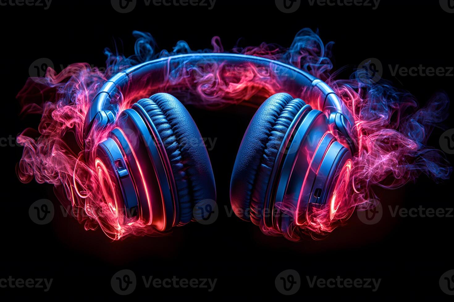Futuristic Glowing Headphones with Neon Smoke for Music Technology Design photo