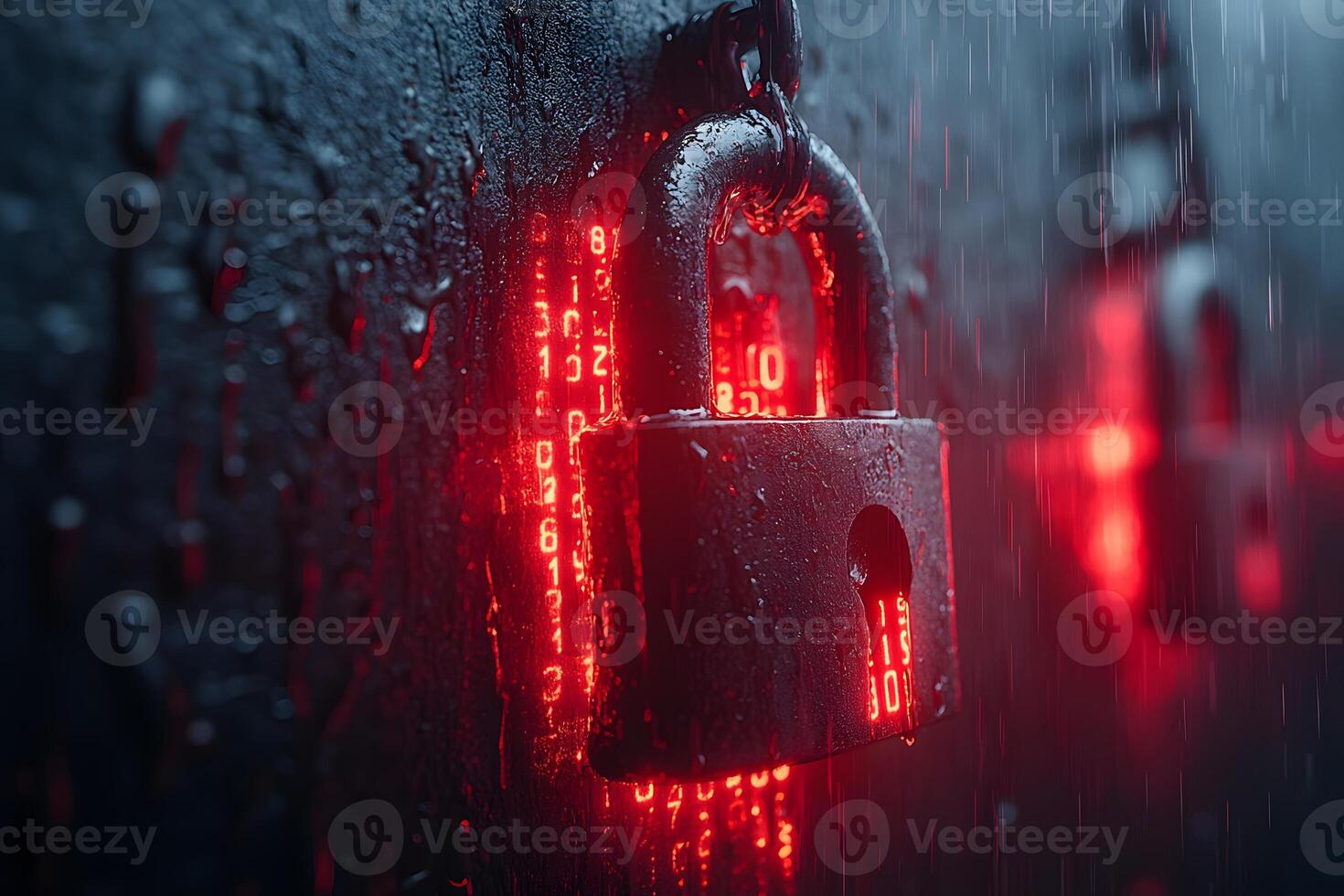Cybersecurity Concept Lock Against Digital Data with Red Light in Rain Effect photo