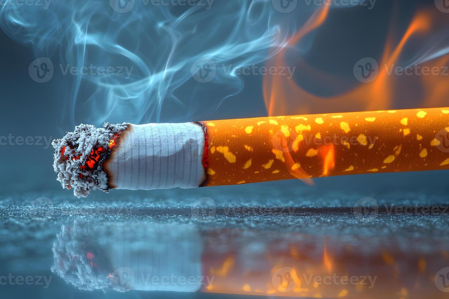 Close-Up of Burning Cigarette with Smoke and Ash Embers for Anti-Smoking Campaign photo