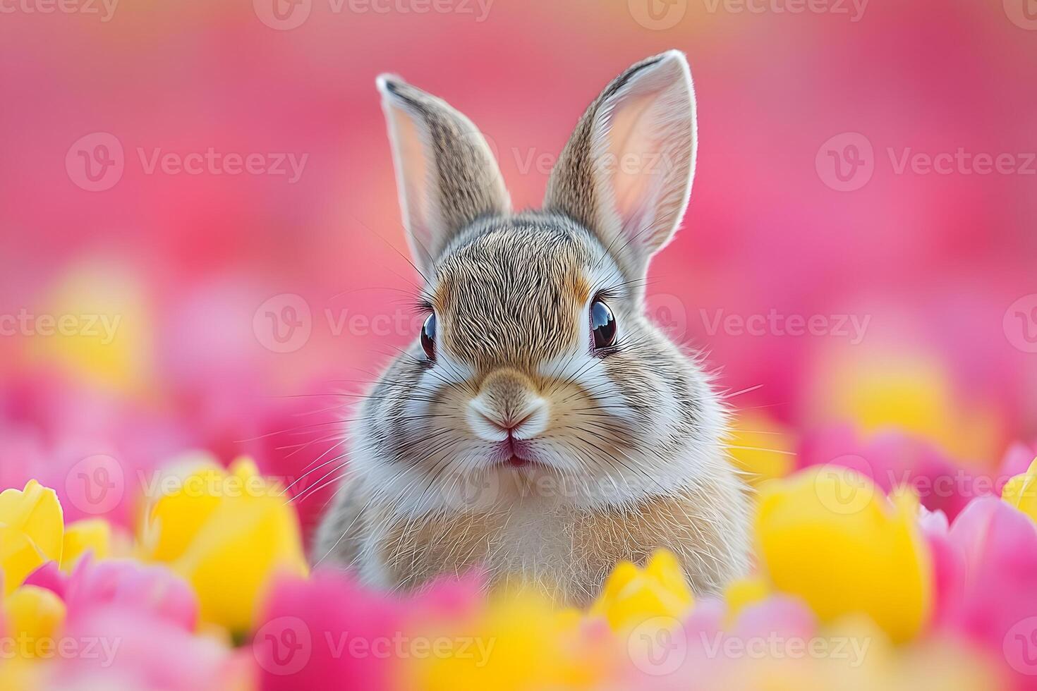 Adorable Bunny in Vibrant Tulip Field - Perfect for Easter Designs and Spring Themes photo