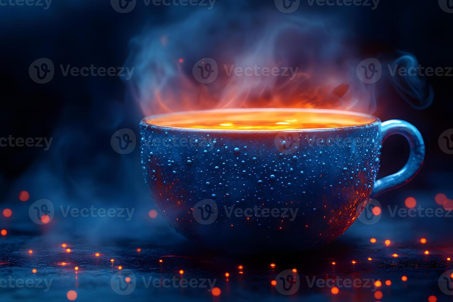 Steaming Hot Beverage in Artistic Blue Cup Against Dark Background for Cozy Winter Designs photo