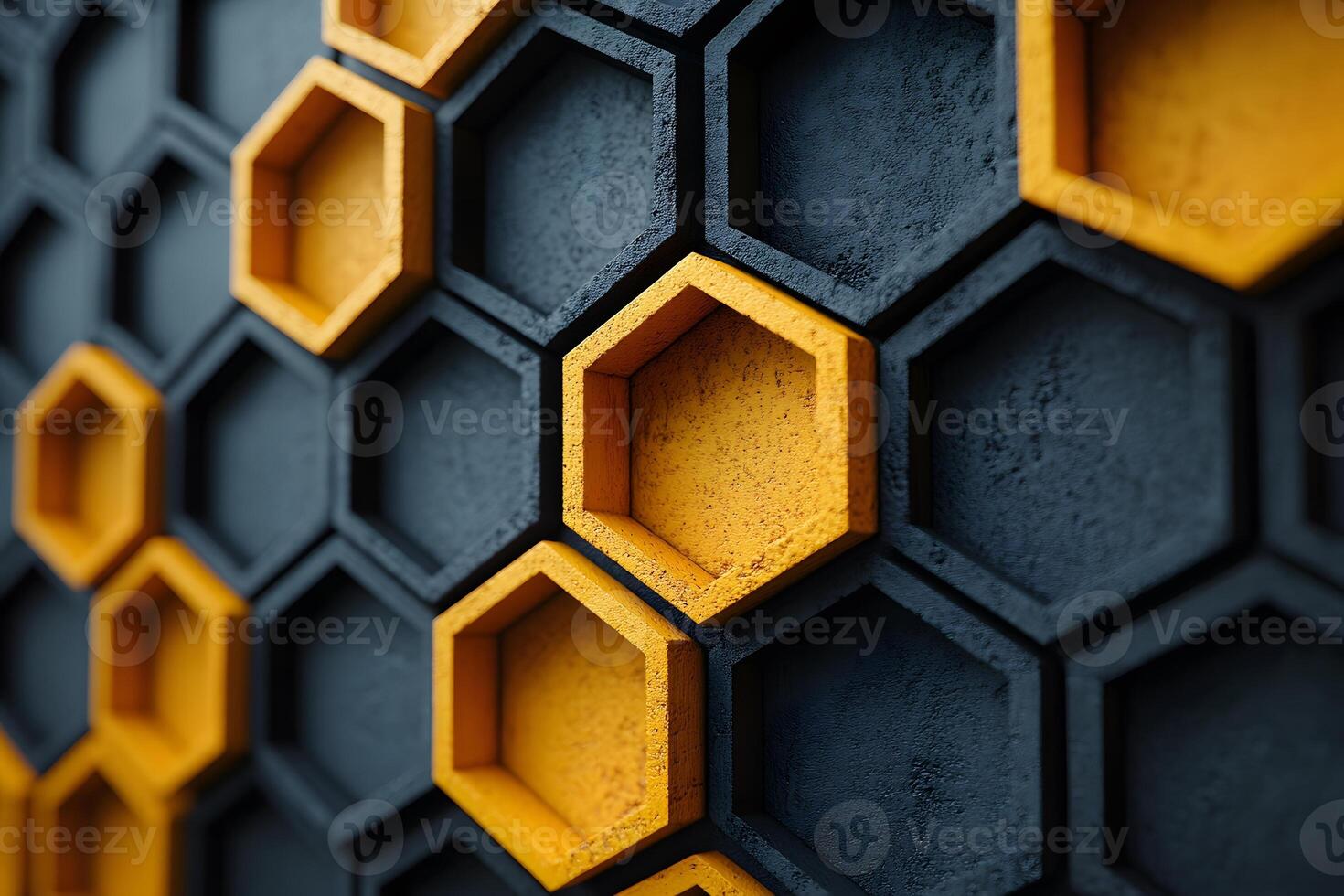 Geometric Honeycomb Pattern in 3D Art with Black and Gold Hexagons photo