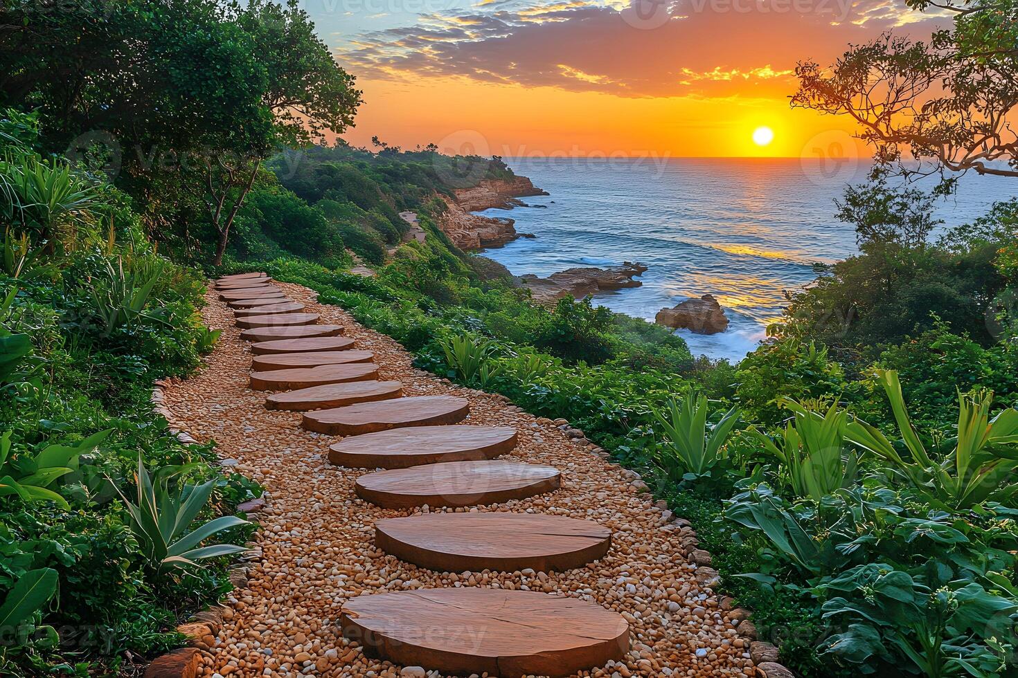 Sunset Pathway by the Sea Tranquil Coastal Landscape for Nature Themes and Travel Design photo