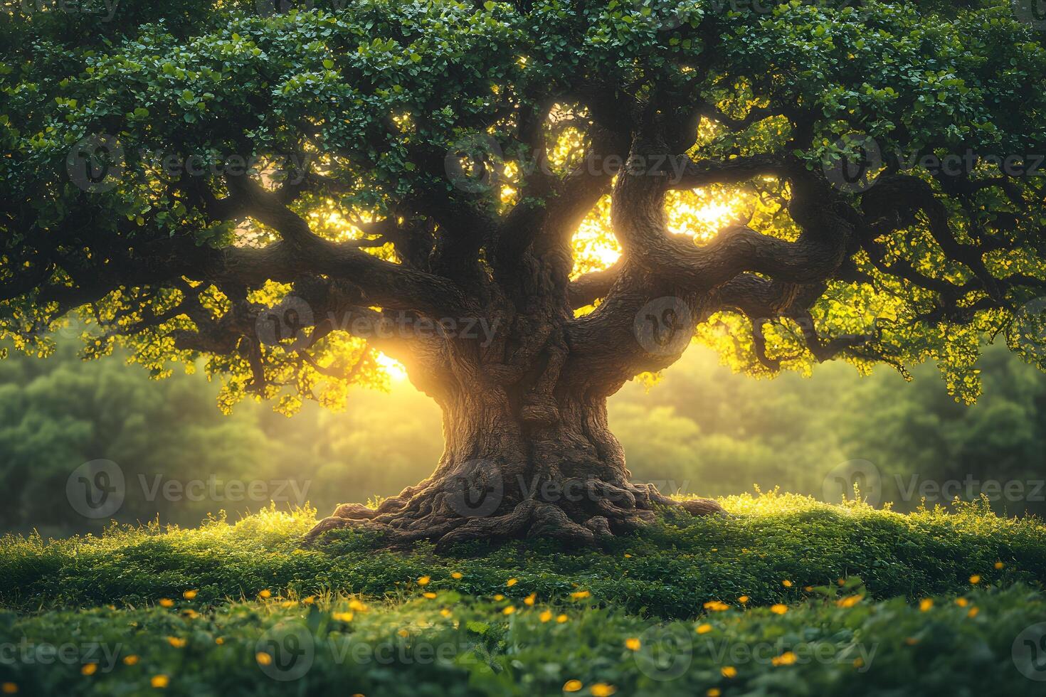 Majestic Oak Tree at Sunrise in Lush Meadow Landscape photo