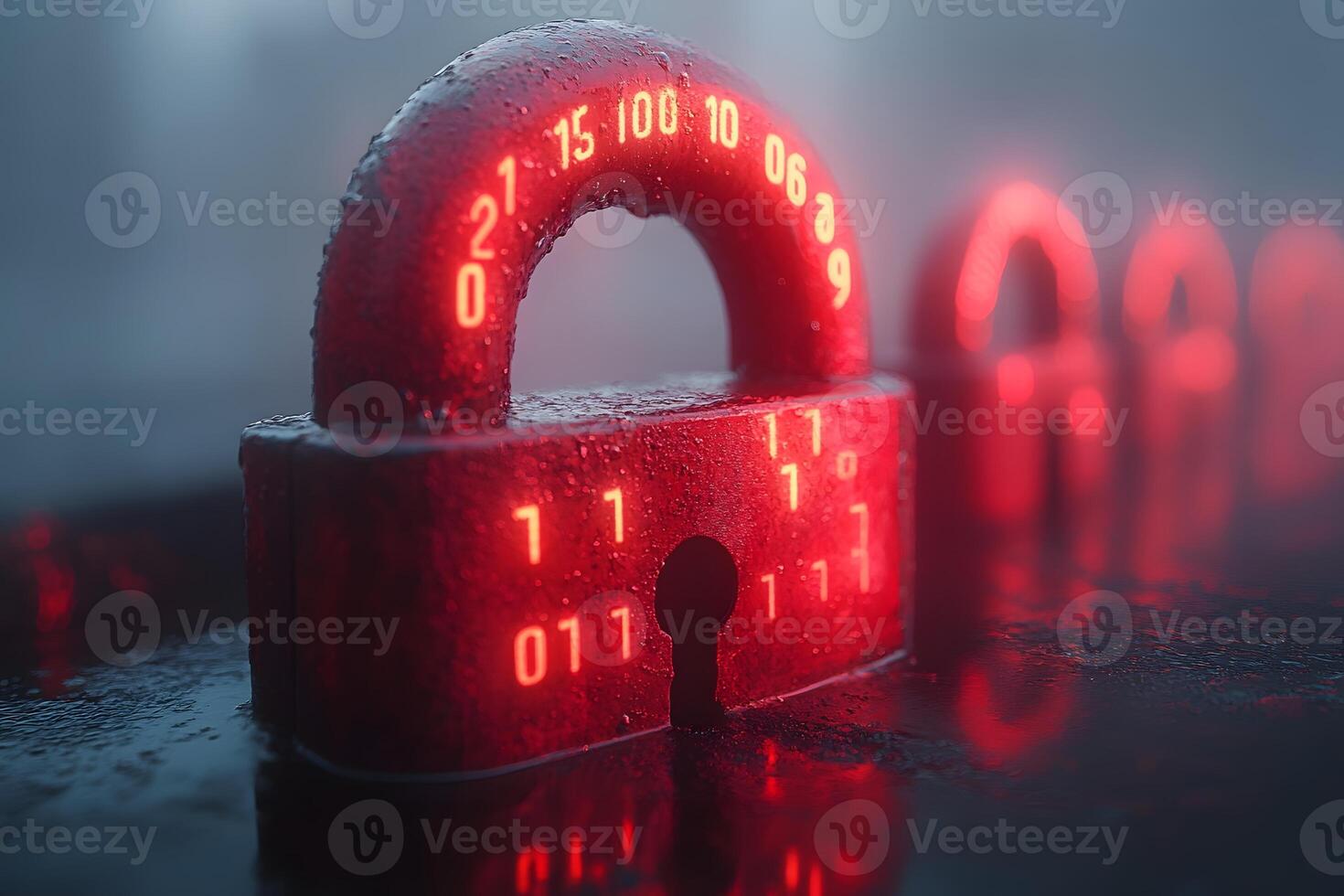 Cybersecurity Encryption Concept with Red Digital Lock in Foggy Atmosphere photo