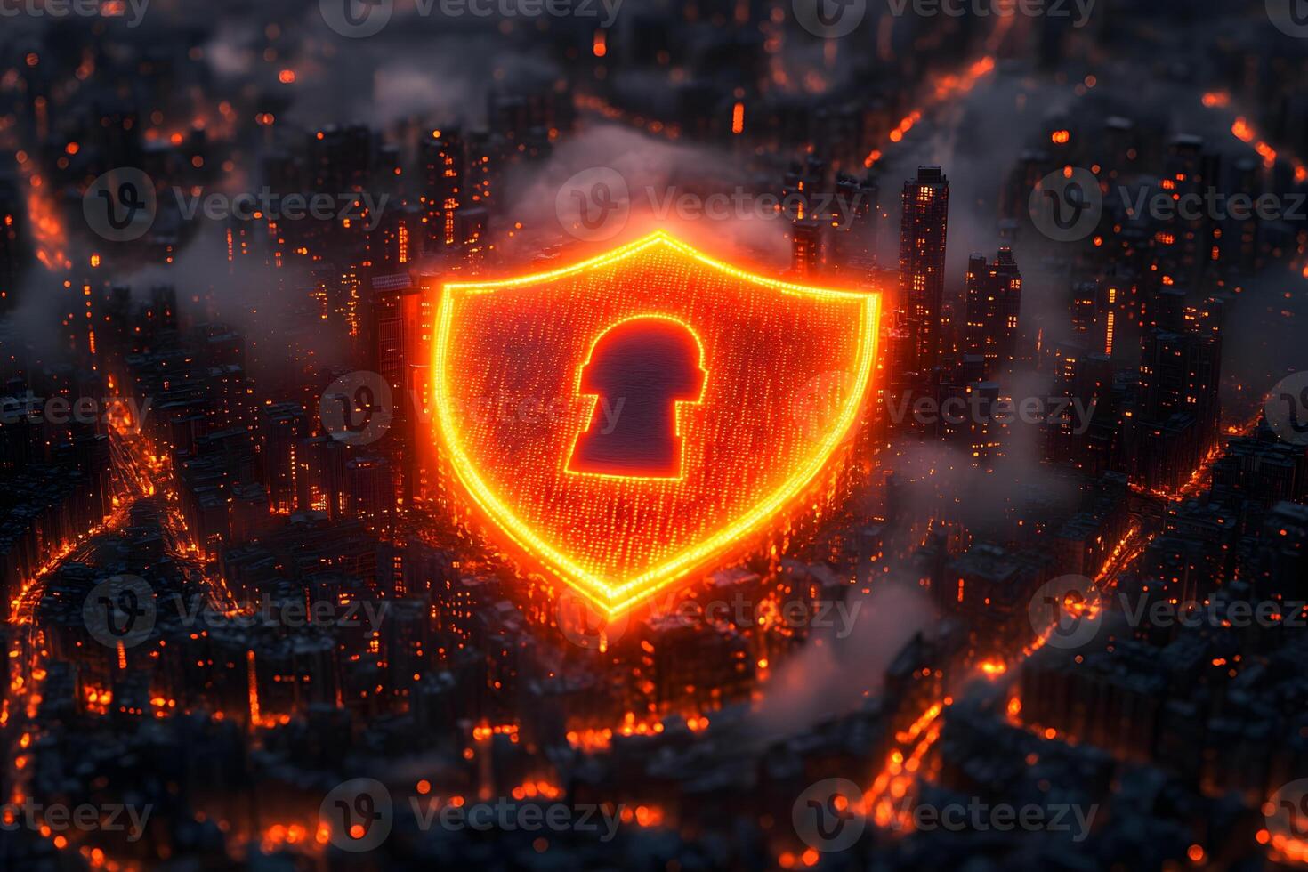 Cybersecurity Concept Shielding a Virtual Cityscape at Night - Digital Protection photo