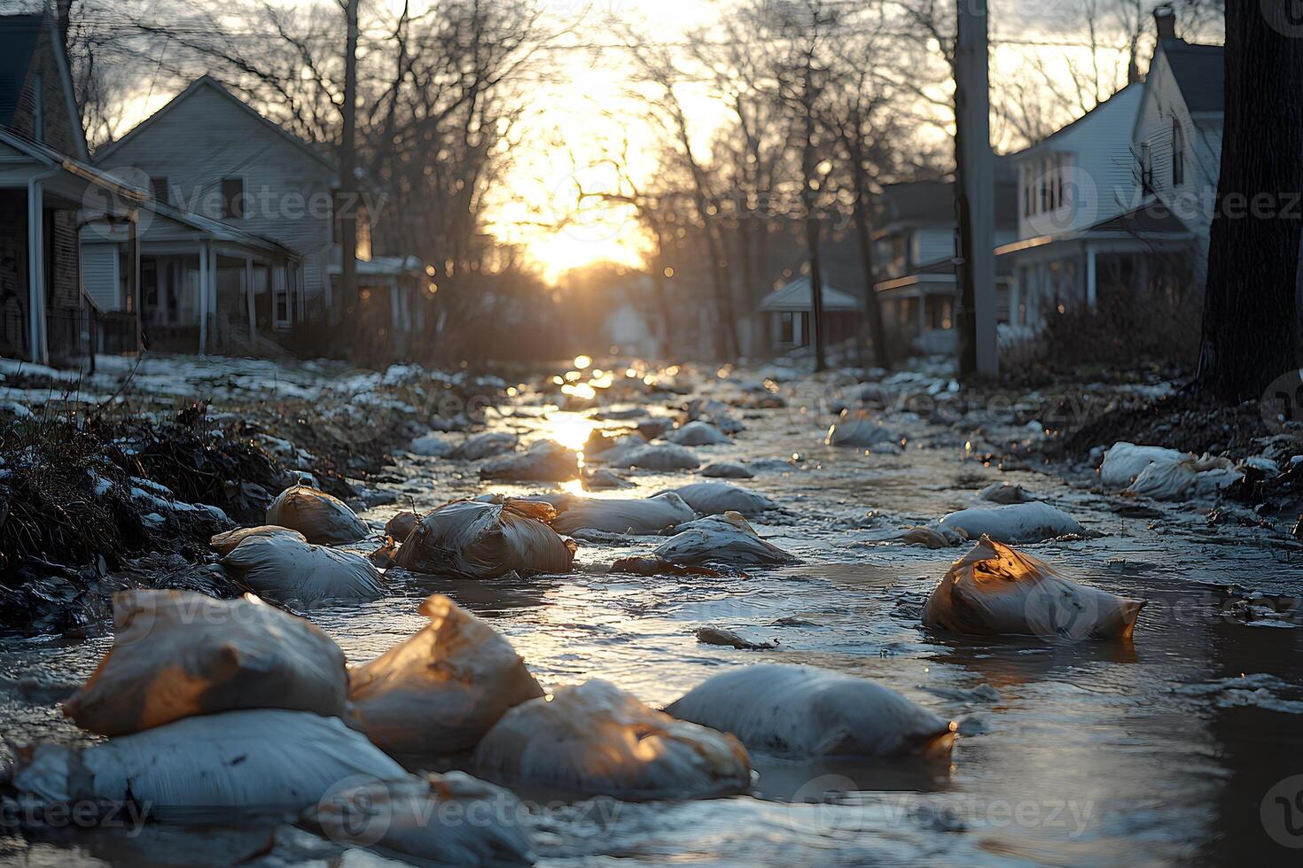 Flooded Suburban Street at Sunset with Sandbag Barriers photo