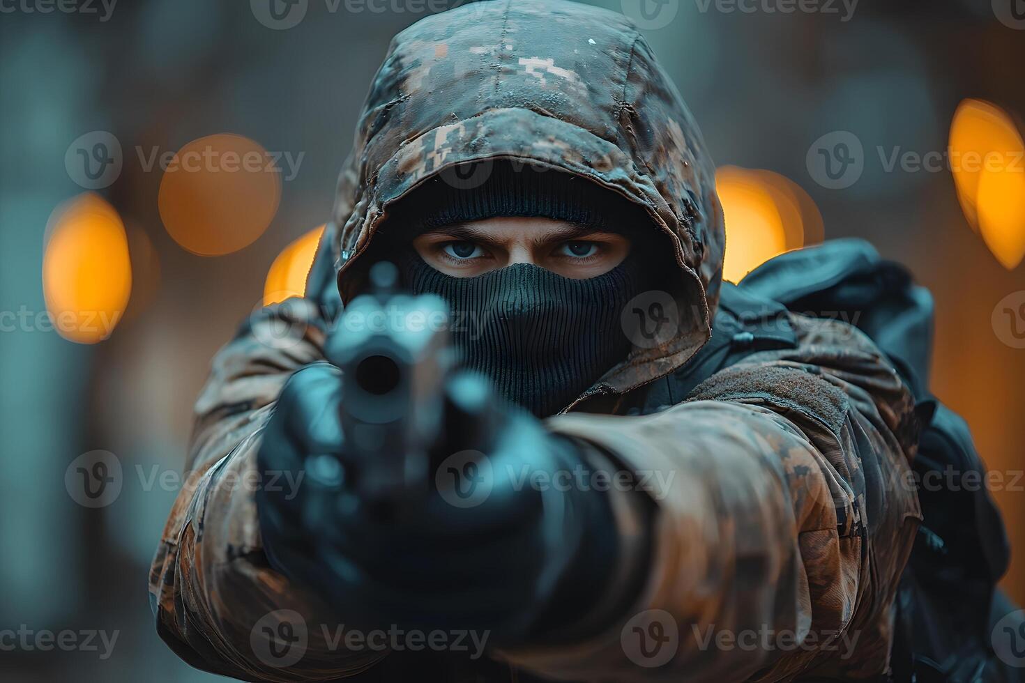 Action-Packed Scene with Camouflaged Marksman Aiming a Pistol Outdoors photo