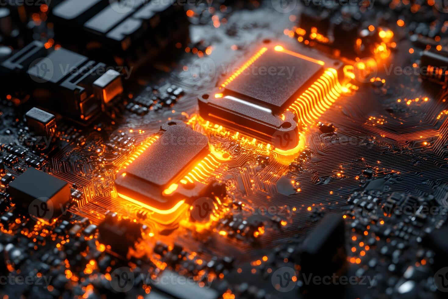 Futuristic Circuit Board with Glowing Microchips for Technology Design and Innovation photo