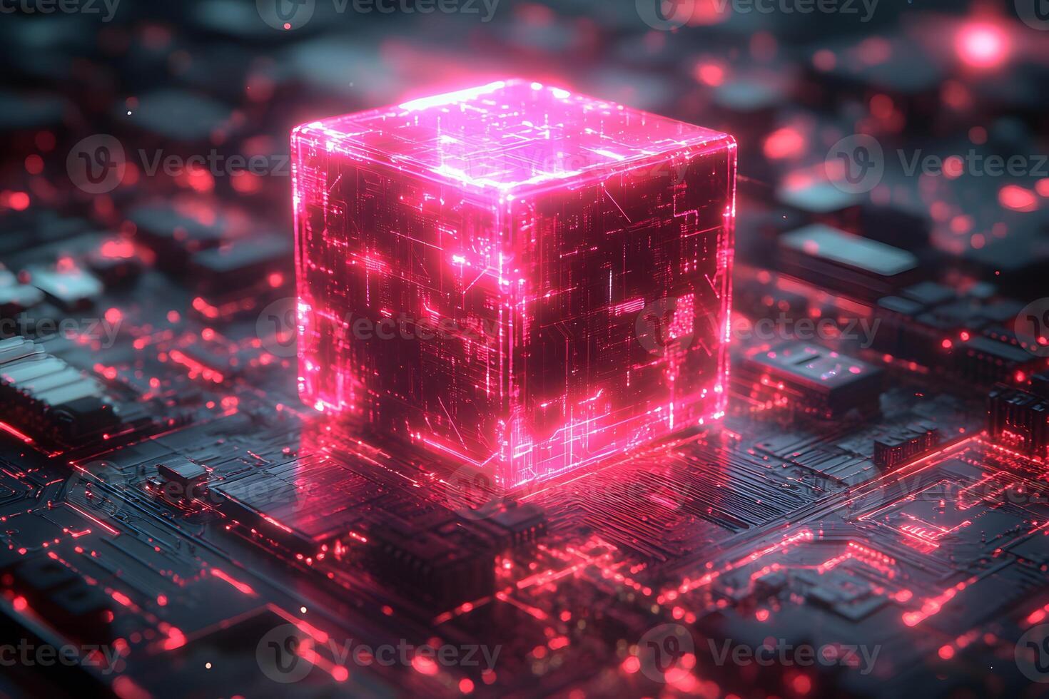 Futuristic Digital Cube on Circuit Board - Sci-Fi Technology Concept for Innovation and Data photo