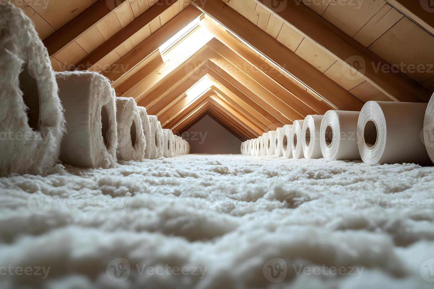 Cozy Attic Storage with Soft Insulation and Light Beams Ideal for Home Design Concept photo
