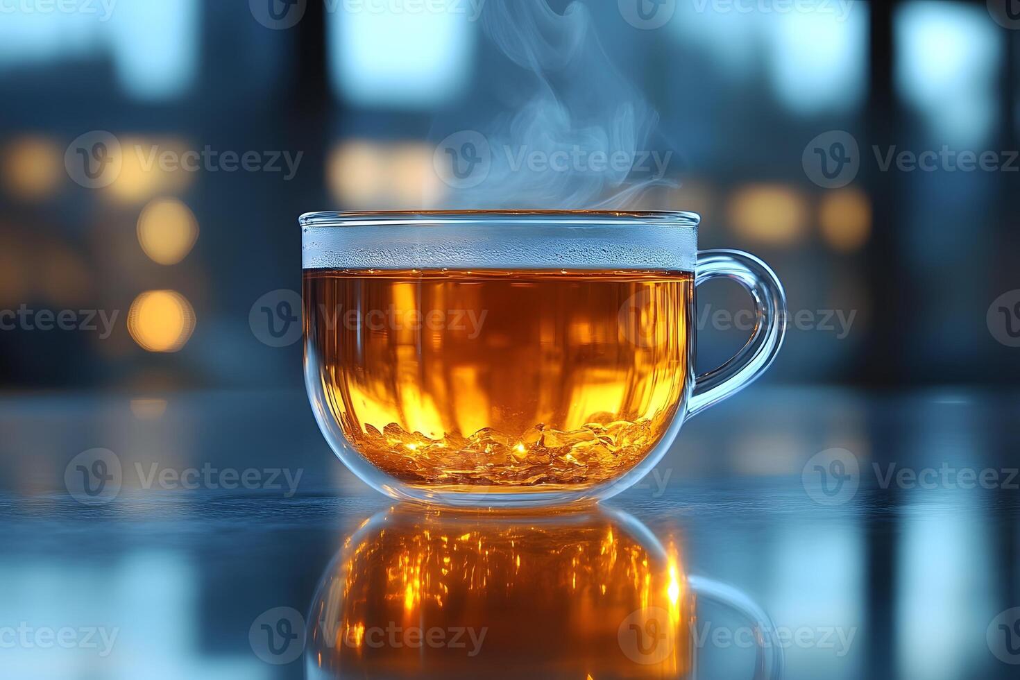 Steaming Hot Tea in Glass Cup with Cityscape Background for Relaxation and Aromatherapy photo
