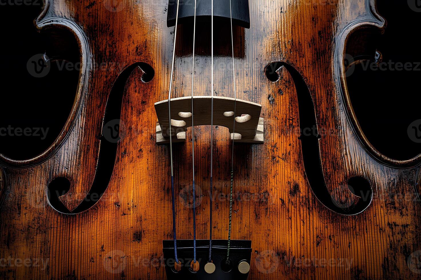 Close-Up of Antique Cello Bridge and Strings for Musical Art and Design photo