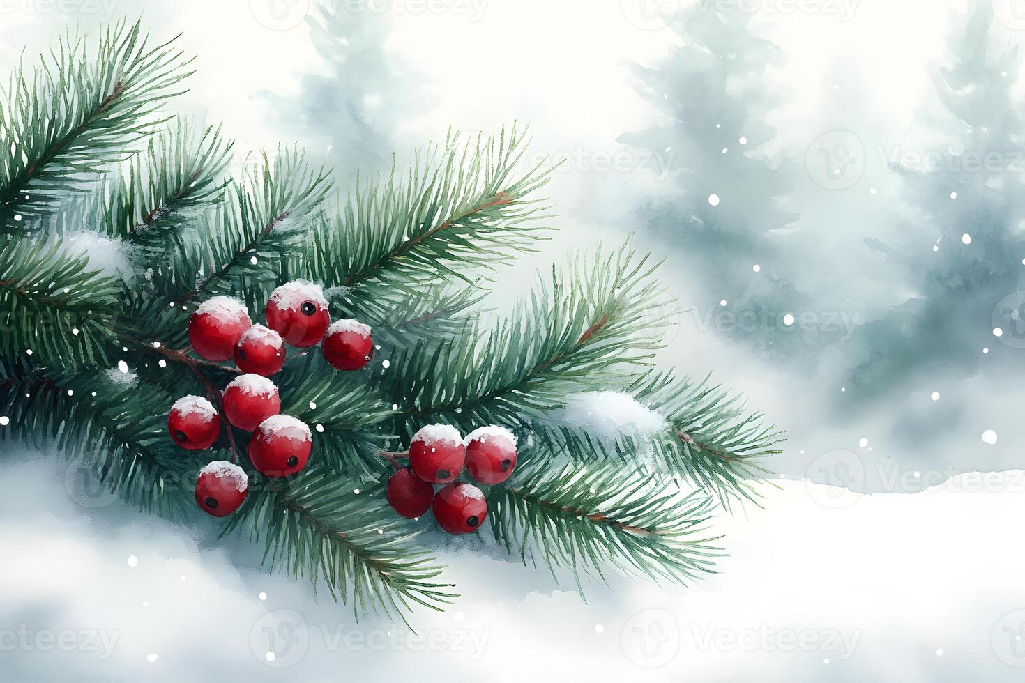 Winter Holiday Design Snowy Pine Branch with Red Berries for Festive Greetings photo