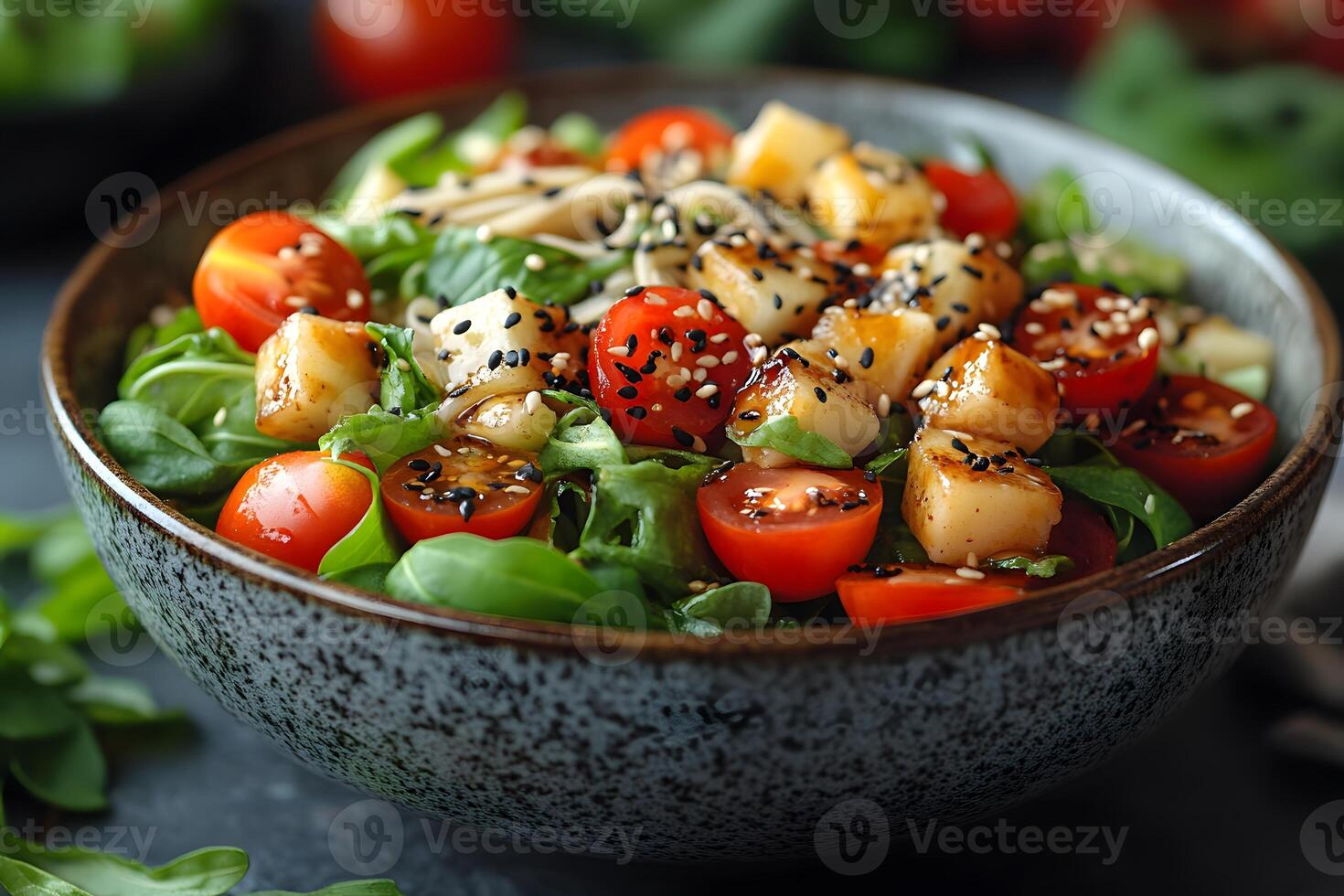 Fresh and Flavorful Tofu Salad with Cherry Tomatoes and Sesame Seeds for Healthy Living photo