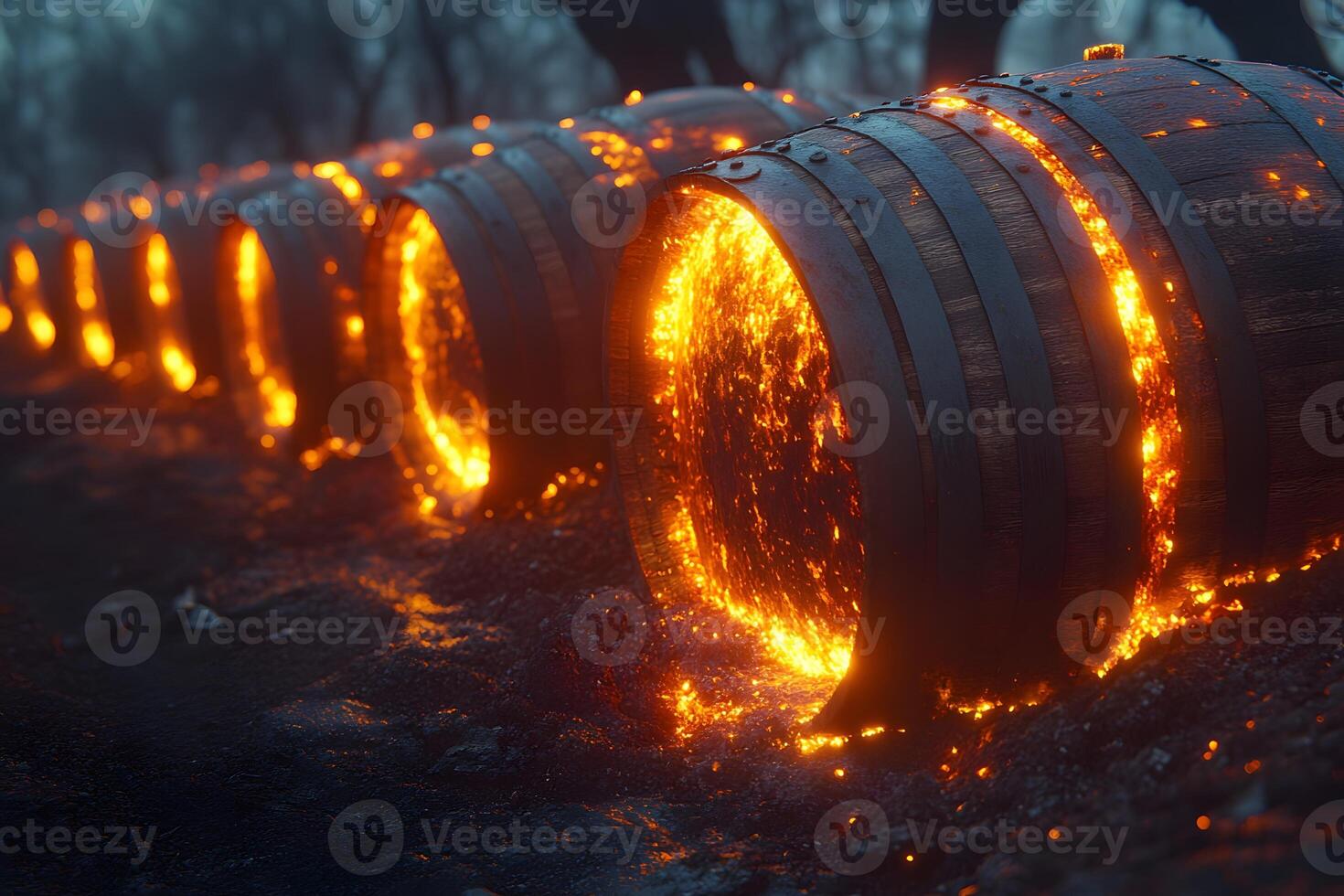 Fiery Barrels in Mysterious Forest Setting for Surreal and Fantasy Art photo