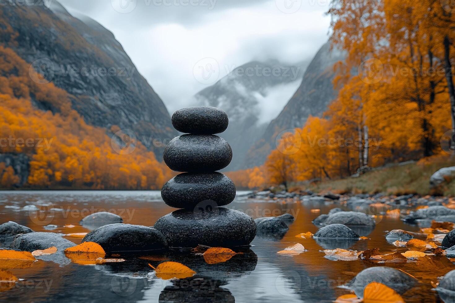 Tranquil Autumn Lake with Balancing Stones and Vibrant Foliage photo