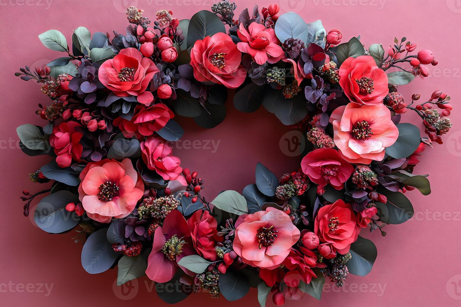 Floral Wreath with Red and Pink Flowers on Pink Background for Holiday Decor and Design photo