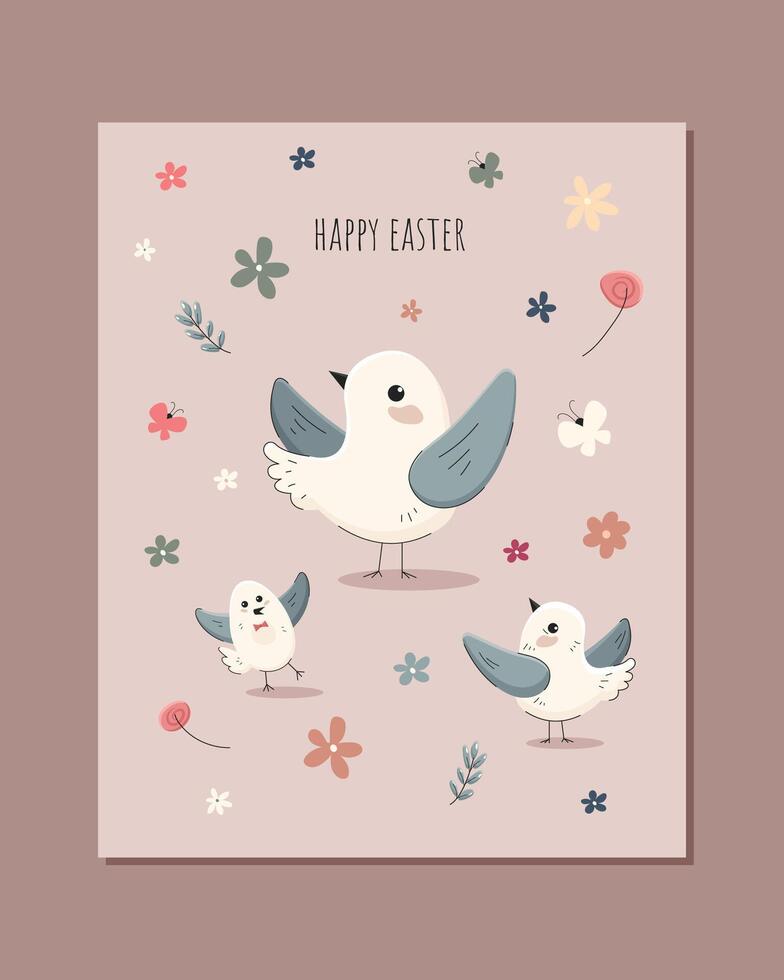 Three cute easter chicks flapping their wings on a pink background with colorful flowers. Easter illustration in flat style with three cute birds vector