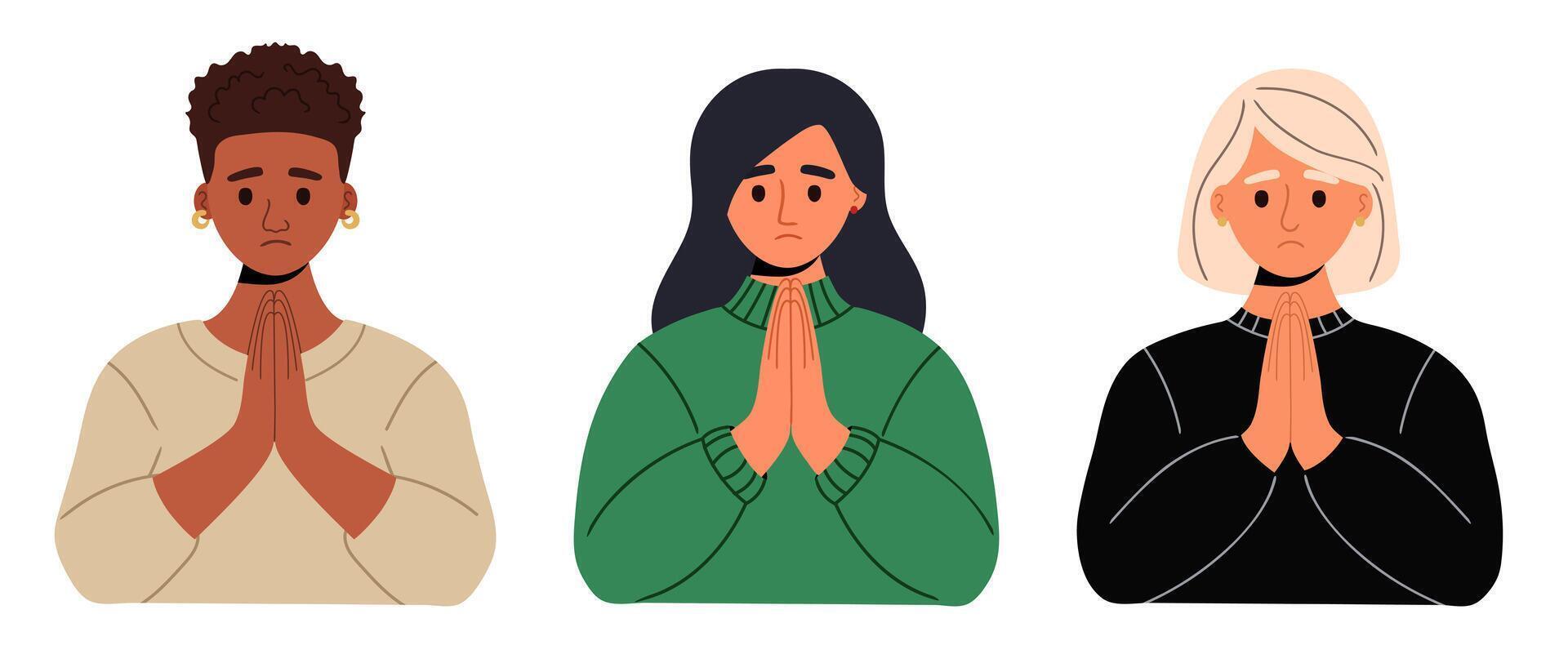 Women of different races in casual clothes pray with their hands folded in a gesture of apology vector