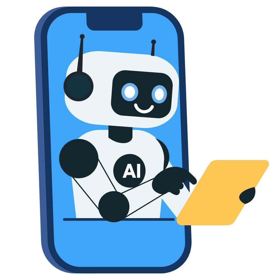 Smiling robot chat bot with yellow tablet on mobile screen vector